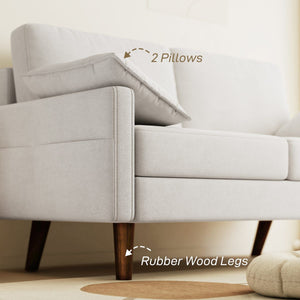 3 Seater Sofa, Velvet Upholstered Couch with Spring Cushions, Rubber Wood Legs and 2 Pillows, Cream White