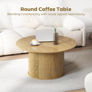 31.5" Round Coffee Table, Nordic Style Center Table with Fluted Cylindrical Base for Living Room, Oak