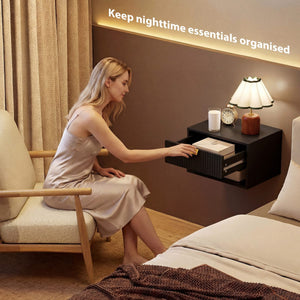Set of 2 Wall Mounted Bedside Tables, Floating Nightstands with Fluted Drawer and Open Shelf for Bedroom, Black