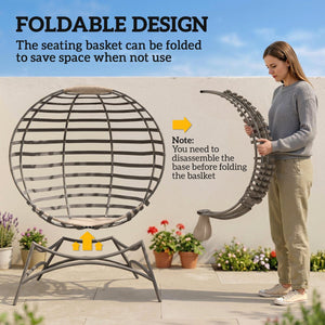 Egg Chair, Patio Lounge Chair, Foldable Basket Chair with Large Seat Cushion, Side Pocket, Sand