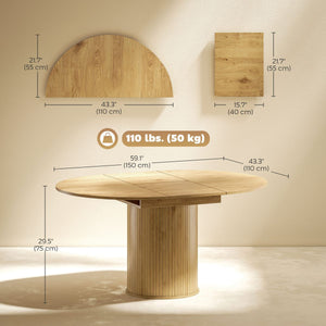 Extendable Kitchen Table for 6-8, 43.5"-59" Farmhouse Dining Table with Pedestal Base Natural Wood Finish