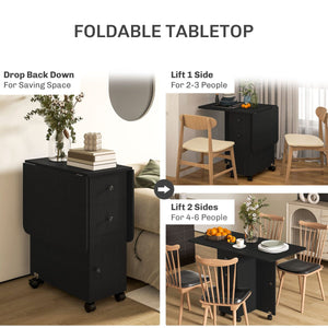 Drop Leaf Dining Table, Mobile Folding Table on Wheels with Drawers and Cabinet for Dining Room, Kitchen – view 5