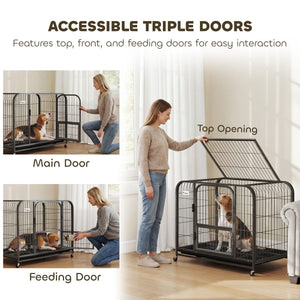 37 Inch Heavy Duty Dog Crate, Large Metal Dog Cage with Lockable Wheels and Removable Tray