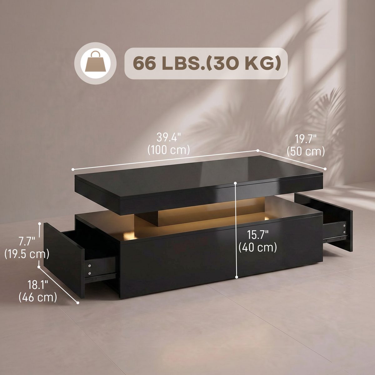LED Coffee Table with Storage, 2-Tier Modern Center Table with 2 Drawers for Living Room, High Gloss Black