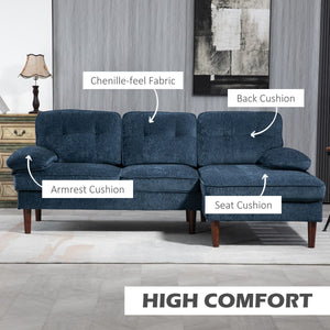 Modern Corner Couch with Right Chaise Lounge, Tufted 3-Seater Sofa with Wooden Legs for Living Room, Navy Blue