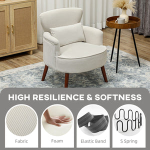Modern Accent Chair, Upholstered Armchair with Solid Wood Legs and Lumbar Pillow for Living Room, Cream White