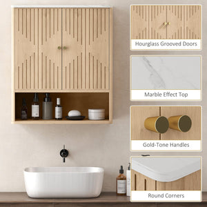 Bathroom Wall Cabinet, Wall-Mounted Medicine Cabinet with Adjustable Shelf, Open Shelf and Marble Effect Top, Oak