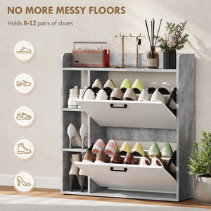 Shoe Cabinet with 2 Flip Drawers, 3 Side Compartments, Adjustable Shelves, 8-12 Pairs for Entryway Hallway, Grey