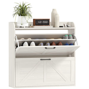 Narrow Shoe Storage Cabinet, Farmhouse Slim Shoe Cabinet with 2 Flip Drawers, Adjustable Shelves, White Oak