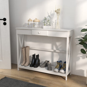 39" Console Table, 2 Tier X-Design Narrow Entryway Table with Drawer and Storage Shelf for Behind Couch, Living Room, Hallway, White
