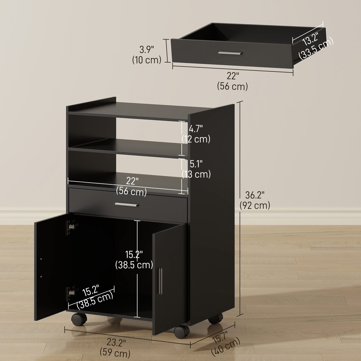 Microwave Cart with Wheels, Microwave Stand with Worktop, Open Shelves and Drawer, Storage Cabinet, Black