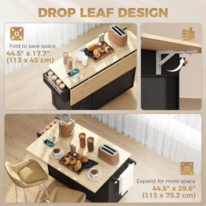 Kitchen Island with Drop Leaf, Rolling Kitchen Cart with Power Outlet, Cabinet, 3 Drawers, Spice Rack, Towel Bar, Black