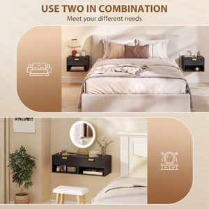 Set of 2 Wall Mounted Bedside Tables, Floating Nightstands with Fluted Drawer and Open Shelf for Bedroom, Black