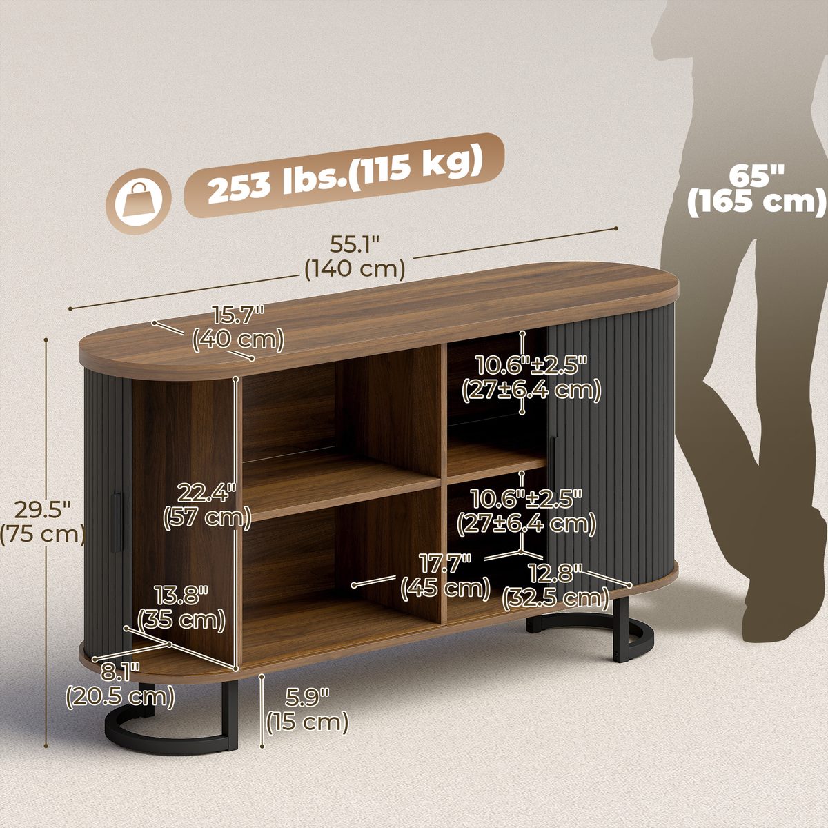 Fluted Sideboard Buffet Cabinet, 55" Modern Coffee Bar Cabinet with Sliding Doors and Adjustable Shelves, Black