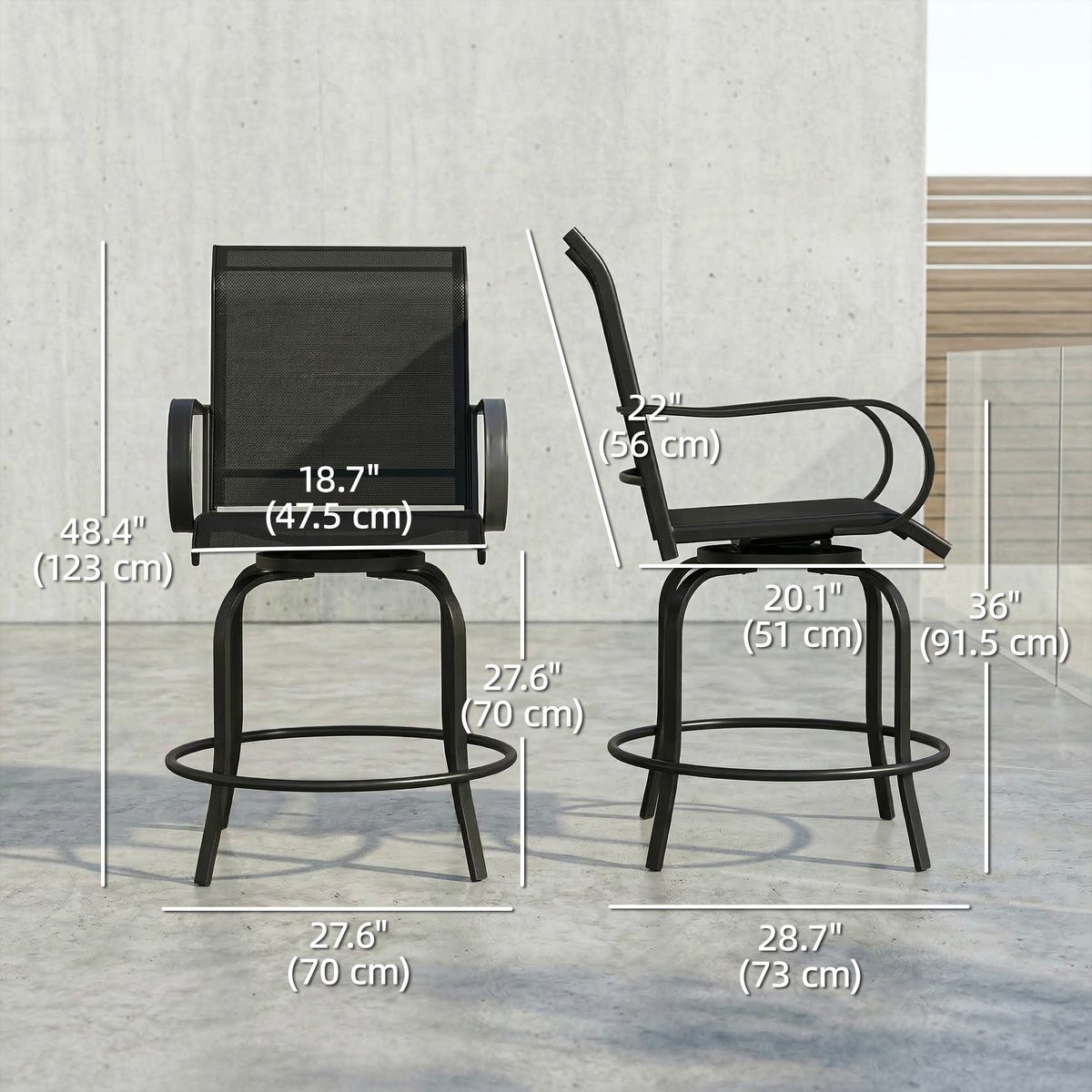 Outdoor Bar Stools Set of 2, 360° Swivel Bar Height Chairs, 26.8" x 29.5" x 48.4", Black
