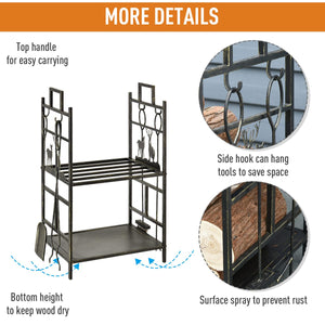 20.25" x 13" x 30.25" 2-Layer Heavy Duty Firewood Rack Wood Log Fireplace Stacker w/ 4 Tools, Black and Gold