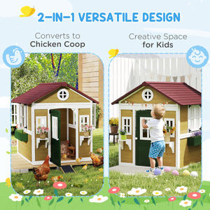 Kids Wooden Outdoor Playhouse for Toddlers aged 3–8, featuring Door, Windows, Planter Pots and Boxes, Garden Cottage Style Backyard Playhouse, Beige