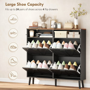 Shoe Storage Cabinet with 4 Flip Drawers, Farmhouse Narrow Shoe Cabinet, Holds Up to 24 Pairs, Black