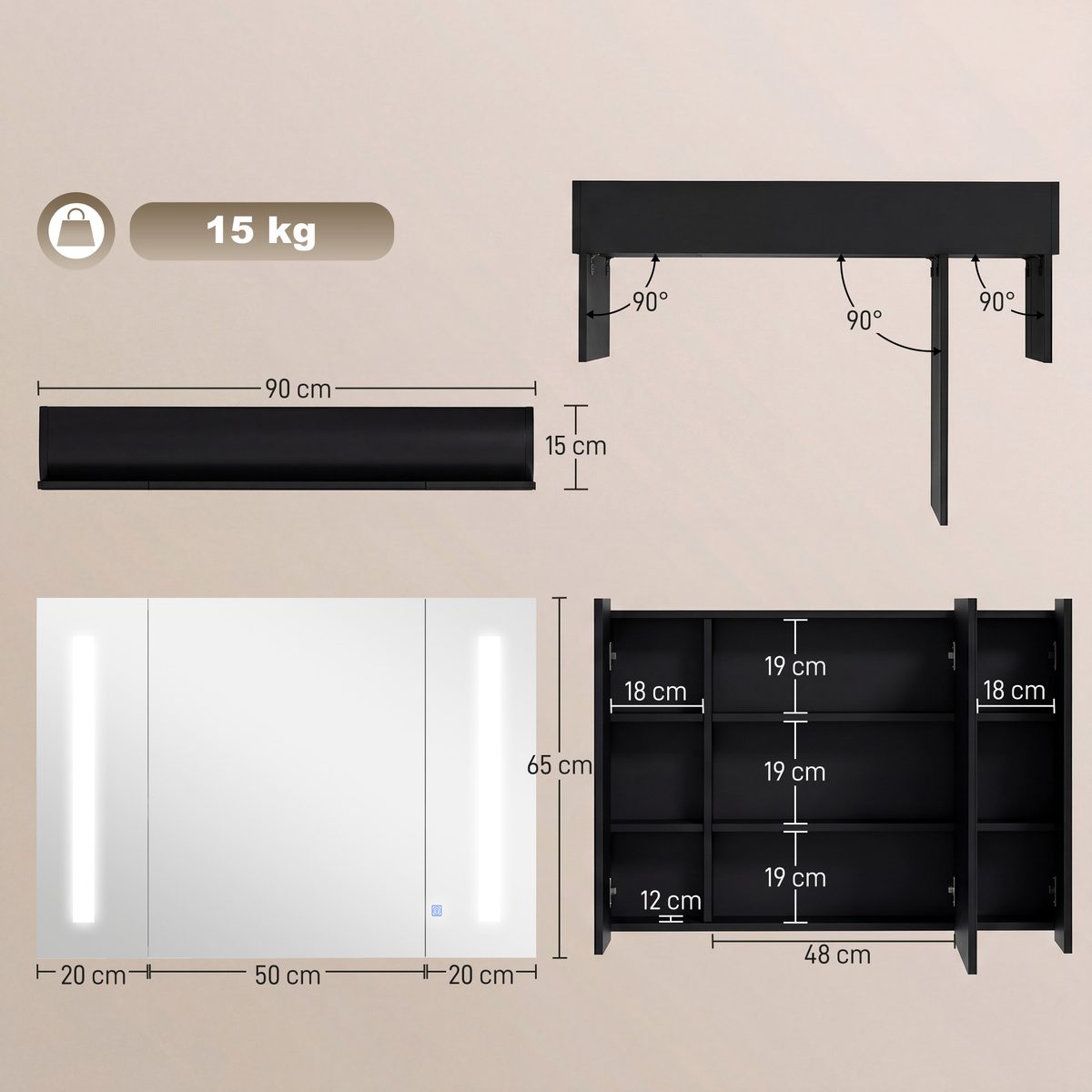 Bathroom Mirror Cabinet with LED and Adjustable Shelves, Wall Mounted Medicine Cabinet, High Gloss Black