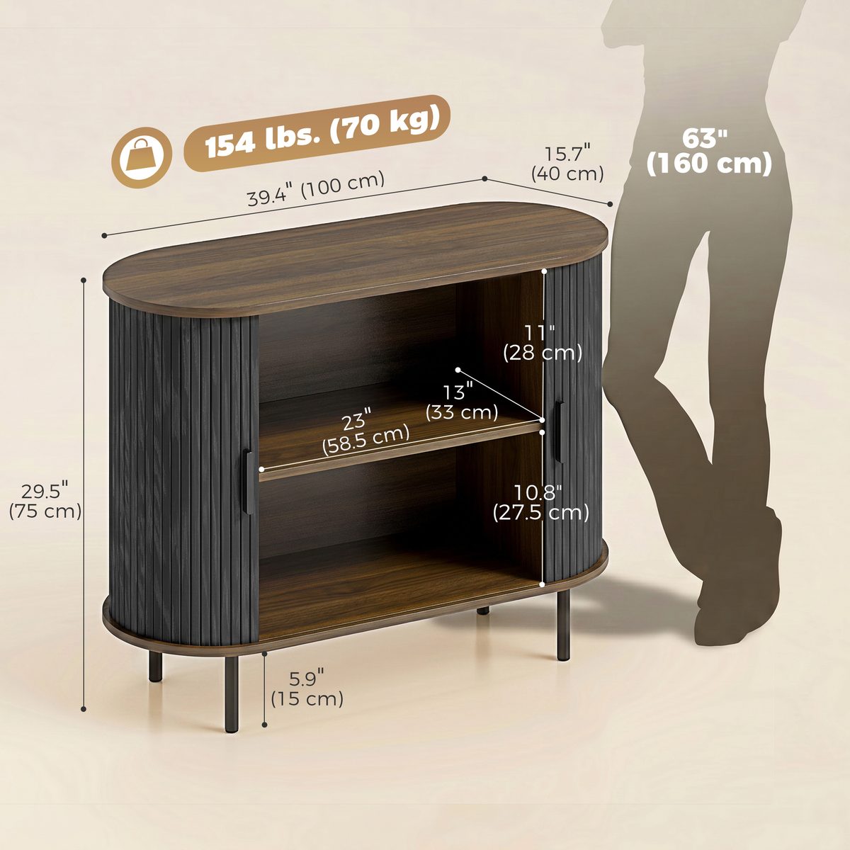 Sideboard Buffet Cabinet with Curved Tambour Doors and Storage, Brown Wood Grain