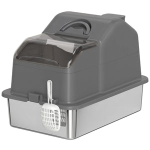 Extra Large Stainless Steel Cat Litter Box w/ High Sided, Removable Lid, Scoop, Odor Free, Non-Sticky, Dark Grey