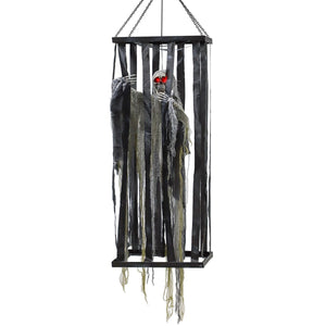 Animatronics Hanging Skeleton Reaper in Cage, Voice-Activated Prop with Flashing Eyes, Easy Setup Indoor