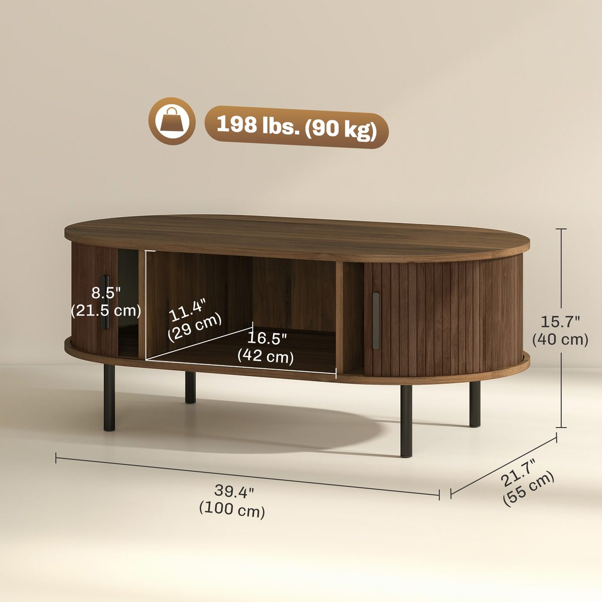 Coffee Table with Sliding Tambour Doors and Storage Center Table with Metal Legs, 39", Brown