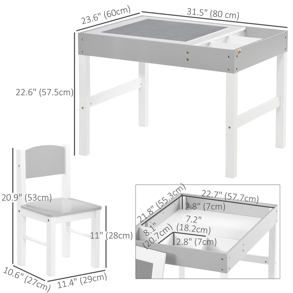 Qaba Lego Table with Storage for Kids, Multi-Usage Kids Table and Chair Set with Building Blocks Desktop, Grey