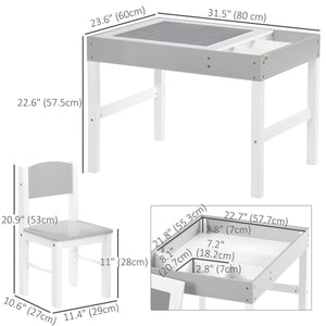 Qaba Lego Table with Storage for Kids, Multi-Usage Kids Table and Chair Set with Building Blocks Desktop, Grey