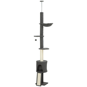 87"-94.5" Floor to Ceiling Cat Tree with Sisal Scratching Post, Condo, Hammock, Ramp, Perches, Dark Grey