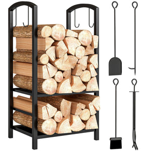 2-Tier Firewood Log Rack with 4 Tools, Fireplace Wood Storage Holder with Shovel, Broom, Poker, Tongs and Hooks, Black