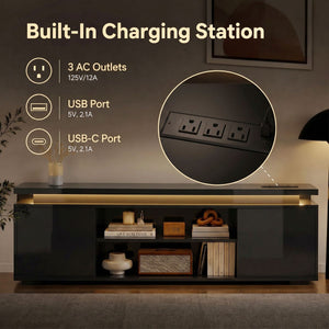 TV Stand for TVs up to 60 Inch, Modern Entertainment Center with LED Lights and Power Outlets, High Gloss Black
