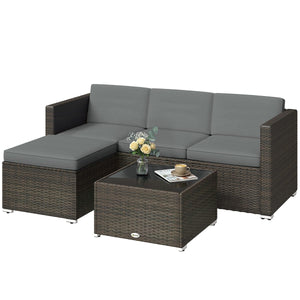 3 Pieces Patio Furniture Set with Cushions, Outdoor PE Rattan Wicker Conversation Corner Sofa Set with Glass Top Table