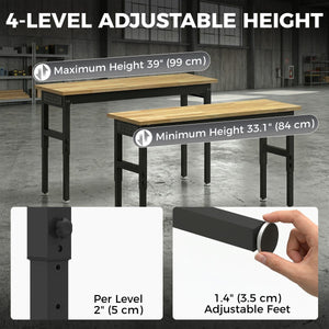 48" Adjustable Workbench, Heavy Duty Work Table with Rubber Wood Top, Power Outlets, Pegboard, 2000 LBS Capacity
