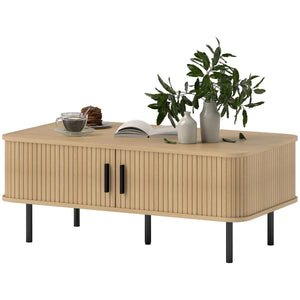 Coffee Table with Storage, Nordic Side Table with Fluted Tambour Sliding Doors and Steel Legs for Living Room, Oak