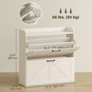 Narrow Shoe Storage Cabinet, Farmhouse Slim Shoe Cabinet with 2 Flip Drawers, Adjustable Shelves, White Oak