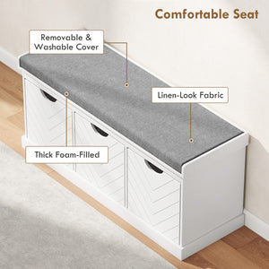 Shoe Storage Bench, Linen-Look Entryway Bench with 3 Removable Drawers and Padded Seat Cushion for Hallway, White