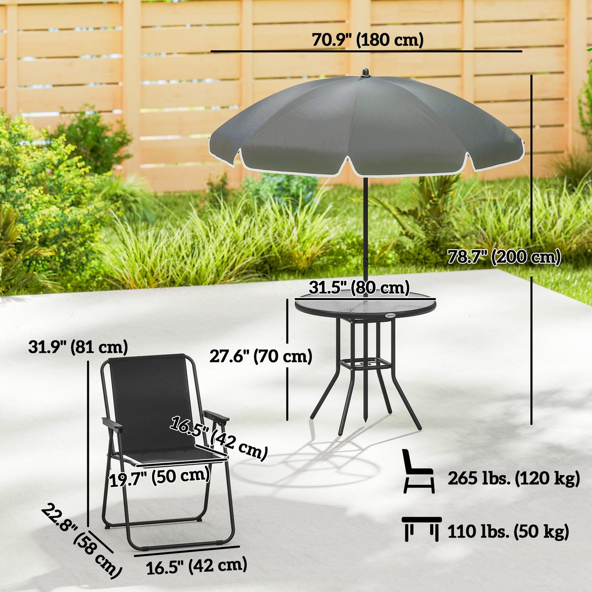 6 Pieces Patio Dining Set with Umbrella, Patio Furniture Set with Folding Chairs, Glass Table for Garden Backyard, Black