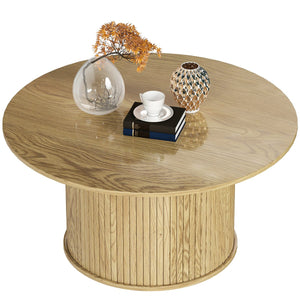 31.5" Round Coffee Table, Nordic Style Center Table with Fluted Cylindrical Base for Living Room, Oak