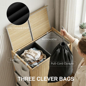 Bamboo Laundry Hamper with Removable Drawstring Bag and Side Storage Pockets, 32 Gal, Natural