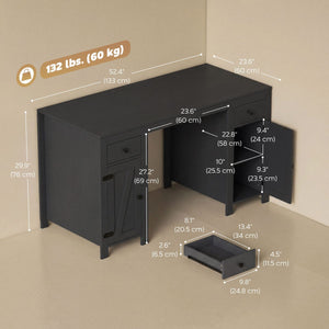 53" Farmhouse Executive Desk, Computer Desk with Drawers and 2 Cabinets, Study Table for Home Office, Black Wood Grain