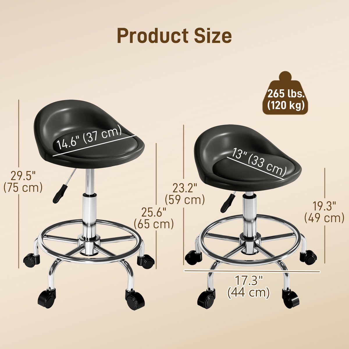 PU Leather Rolling Stool, Height Adjustable Swivel Salon Chair with Backrest and Foot Rest for Spa, Tattoo, Black