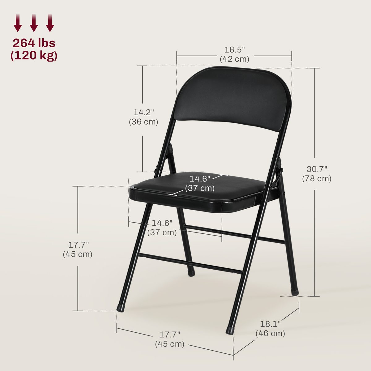 Set of 2 Metal Foldable Chairs, PU Leather Padded Folding Chairs with Cushion Seat and Open Back for Indoor, Black