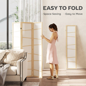 66.9" Folding Room Divider, 3 Panel Wall Partition with Wood Frame for Bedroom, Home Office, Natural Wood
