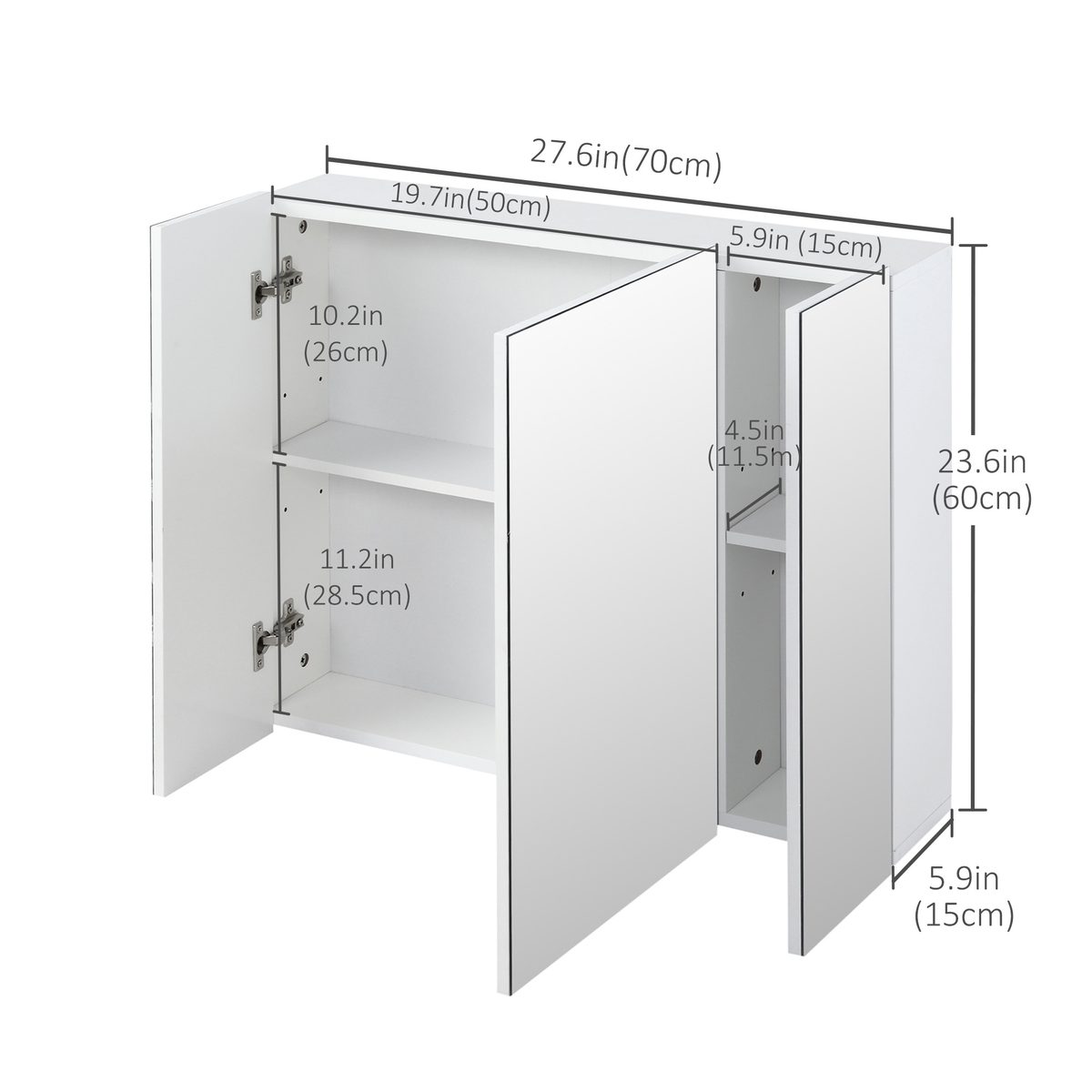 28" x 24" Wall Mounted Mirror Cabinet, Bathroom Medicine Cabinet with Mirror, 3 Doors and Adjustable Shelves, White