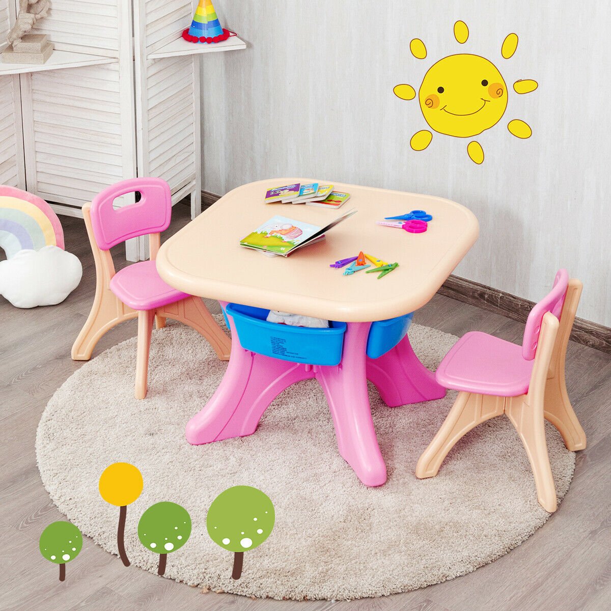 3-Piece Plastic Children Play Table & Chair Set-Pink view 2