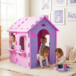 Indoor Cottage Playset with Roof and Chimney for Creative Play-Pink & Purple view 3