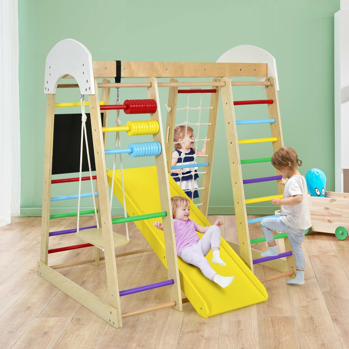 Indoor Playground Climbing Gym Wooden 8-in-1 Climber Playset for Children-Multicolor view 2