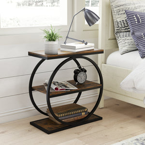 Industrial Faux Marble Side Table with Metal Frame for Living Room Bedroom-Rustic Brown view 3