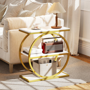 Industrial Faux Marble Side Table with Metal Frame for Living Room Bedroom-White view 2
